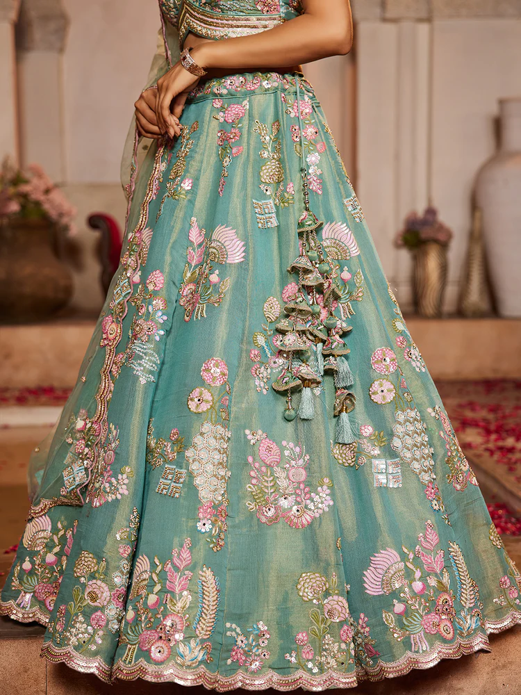 SEAGREEN - Net Fabric Sequinse Embroidery Semi-Stitched Lehenga Choli & Dupatta - Image 6